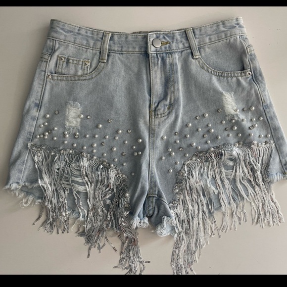 High Waist Beaded Sequin Fringe Jean Shorts - Picture 1 of 8